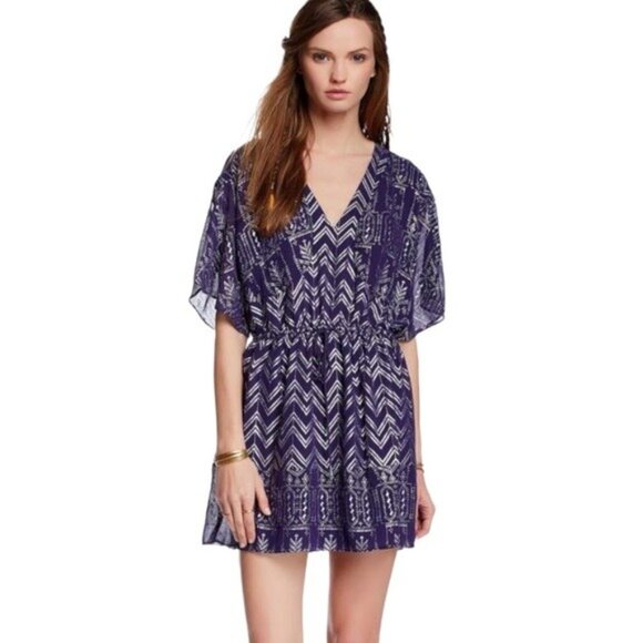 Free People Printed V-Neck Kimono Sleeve Elastic Waist Mini Dress Size S - Picture 2 of 7
